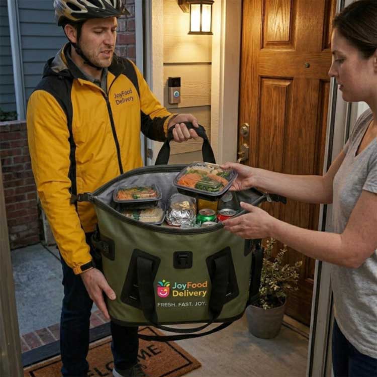 insulated soft cooler tote bag for food delivery with branded logo at a doorstep