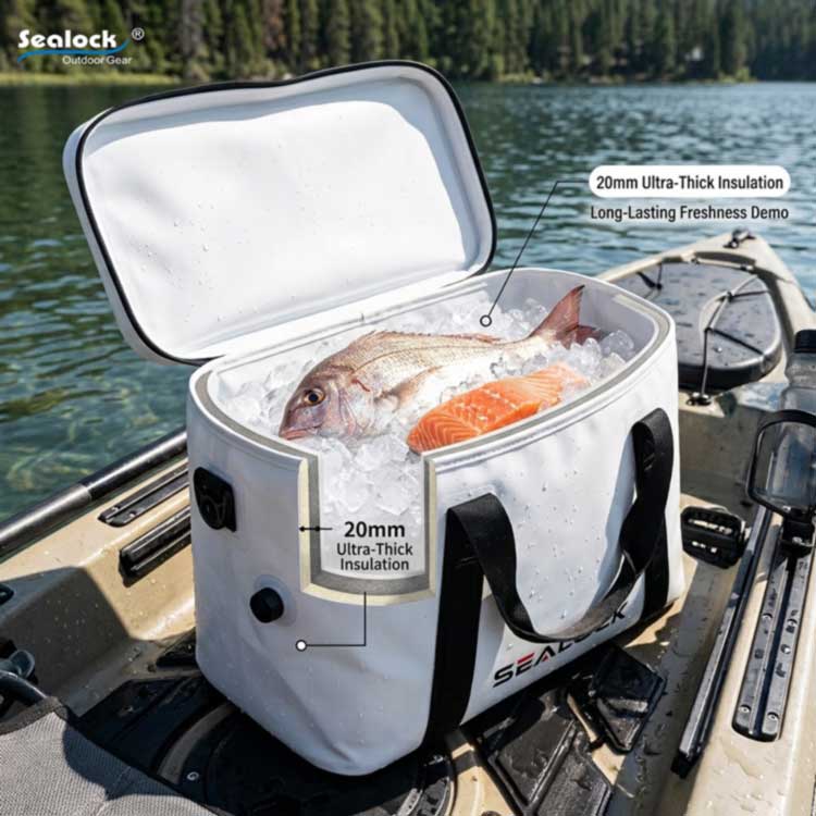 thick thermal fish cooler bag holding iced catch on a kayak deck with mesh tackle pocket