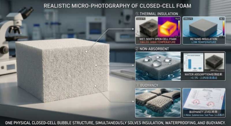 closed-cell foam structure delivering insulation, water resistance and buoyancy at once for a waterproof insulated backpack