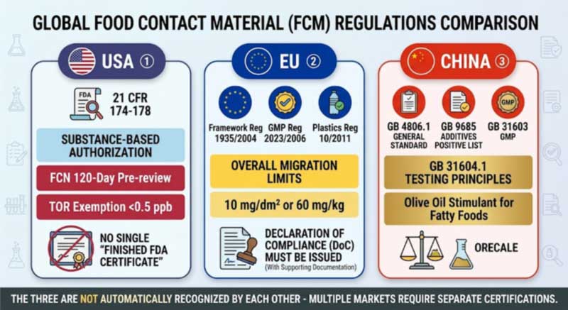 comparison of US 21 CFR, EU 1935/2004 and China GB 4806 food contact material frameworks