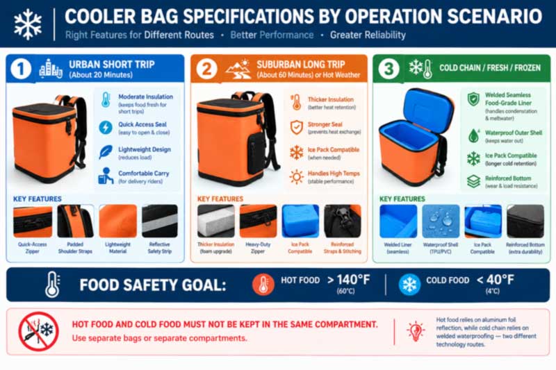 food delivery bag specification by route length and temperature zone, hot versus chilled construction